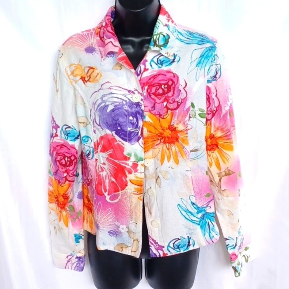 Coldwater Creek Multi Watercolor Floral Jacket Linen Blend Pockets, sz 10